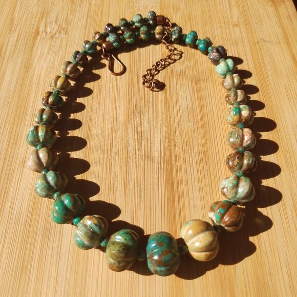 Jay King DTR mine finds green brown carved Turquoise necklace copper clasp - Picture 7 of 9